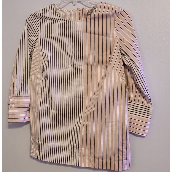Liz Claiborne Small Top Striped Crew Blouse Shirt 3/4 Sleeve Grey White Peach - Picture 1 of 8